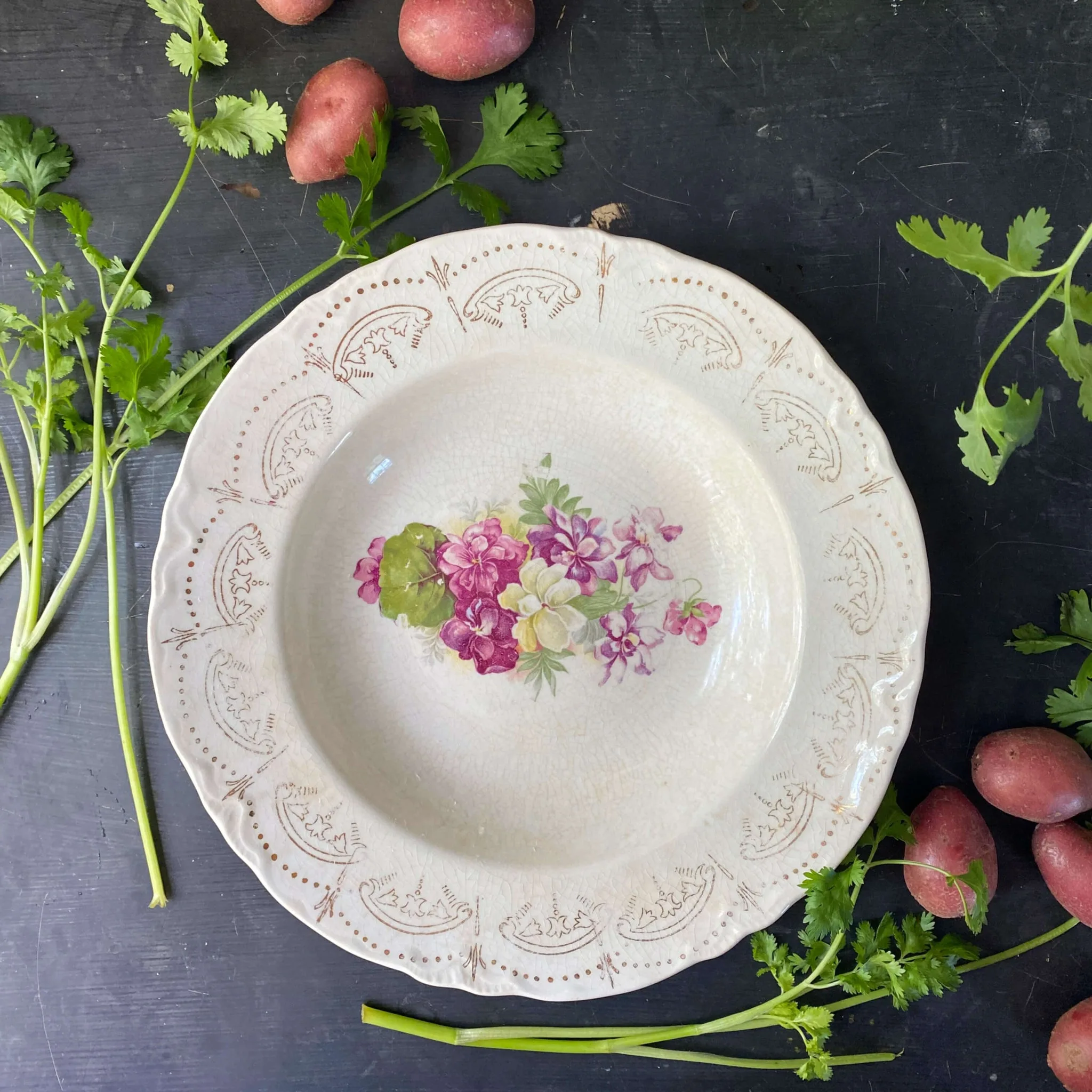 Antique Purple Violets Floral Soup Bowl with Decorative Gold Filigree – In The Vintage Kitchen Shop