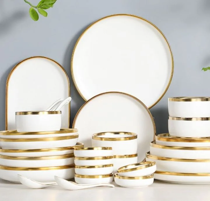 CÓ SẴN] Bộ chén bát sứ trắng viền vàng phong cách Bắc Âu cao cấp (tách lẻ)  Bộ Bát Đĩa Sứ 26 Món Cho 6 Người Chất Liệu Gốm Sứ Bền Đẹp