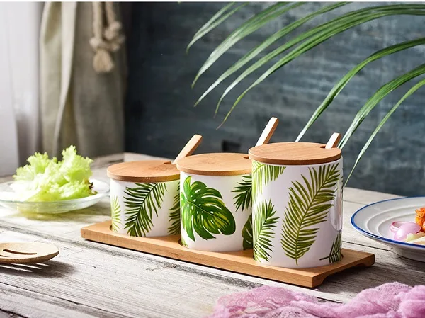 Bộ hũ đựng gia vị bằng sứ cao cấp in hình lá nhiệt đới giá rẻ