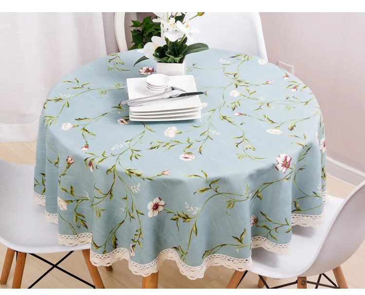 Khăn trải bàn tròn họa tiết hoa dây vải xanh da trời - TB425 Cây Giả Trang Trí nhà Đẹp - Lan Decor
