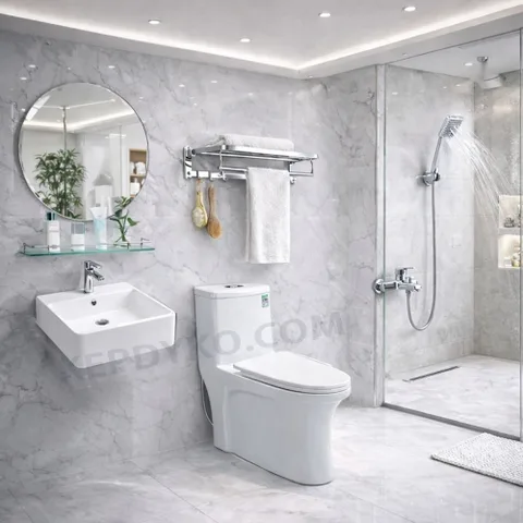 Combo Thiết Bị Vệ Sinh 8 Món Cao Cấp – Bồn Cầu, Sen Tắm, Bàn Đá, Phụ Kiện Màu Đen Sang Trọng kepdyko
