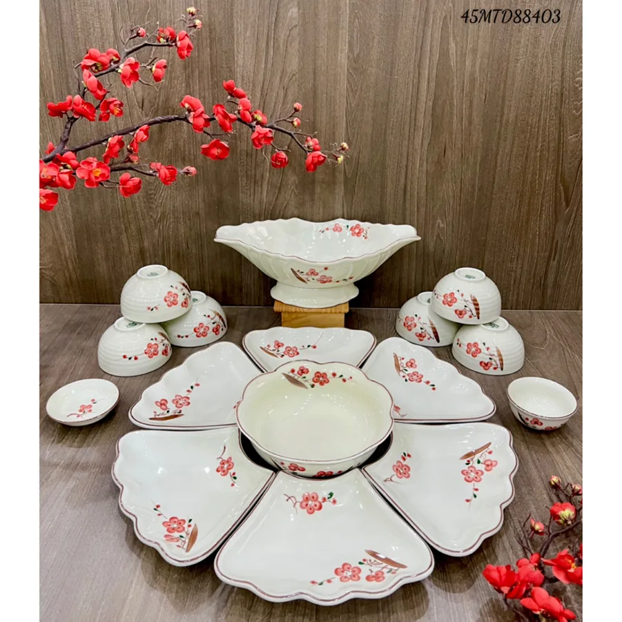Bộ bát đĩa hoa mặt trời Bát Tràng họa tiết hoa đào đỏ - Hàng vẽ tay