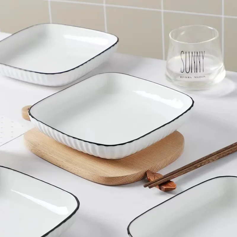 Bán lẻ] Bát đĩa sứ trắng viền đen sang trọng, Khay sứ, đĩa vuông, bát cơm Seka | Shopee Việt Nam